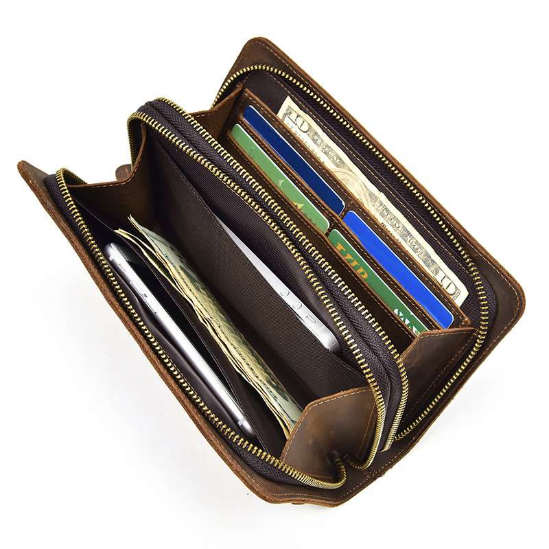 復古瘋馬皮手拿包 超大容量手機包 真皮手抓包商務包 瘋牛皮錢包 頭層牛皮休閑包 時尚手拿錢包 真皮包包