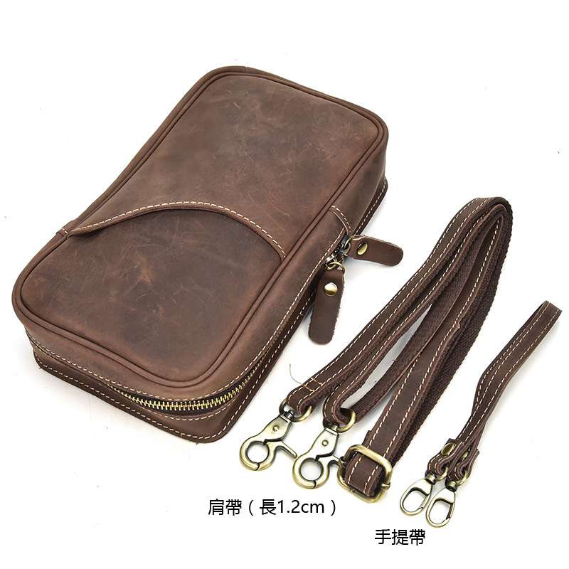 男士瘋馬皮多用包 男士胸包戶外休閑多功能小背包 真皮手拿包單肩斜挎包 頭層牛皮大腰包 真皮包包