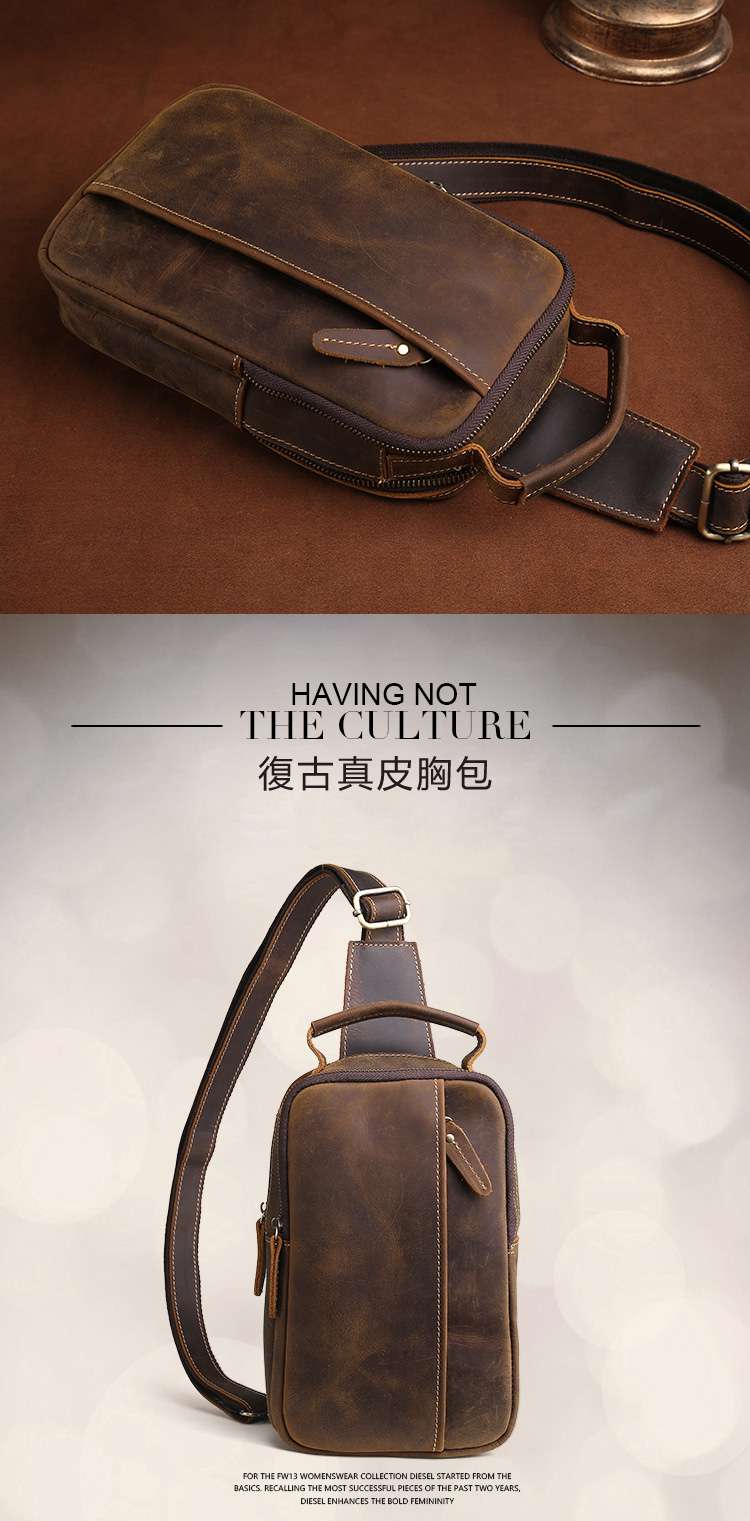 新款瘋馬皮男生胸包 復古真皮男包 頭層牛皮斜背包 瘋牛皮手機包 運動休閒包包  真皮包包