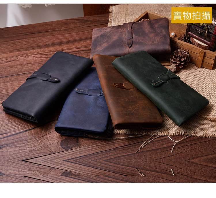 新款復古真皮長款錢包 休閑時尚瘋馬皮長款皮夾 瘋牛皮錢包 大容量手抓包手拿包 牛皮皮夾 真皮包包