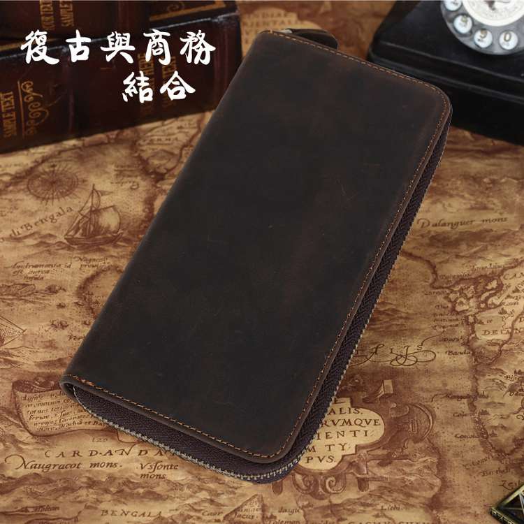 新款真皮錢包 瘋馬皮長款皮夾 頭層牛皮男士長款拉鏈錢包 牛皮錢夾手包 復古錢包 真皮包包