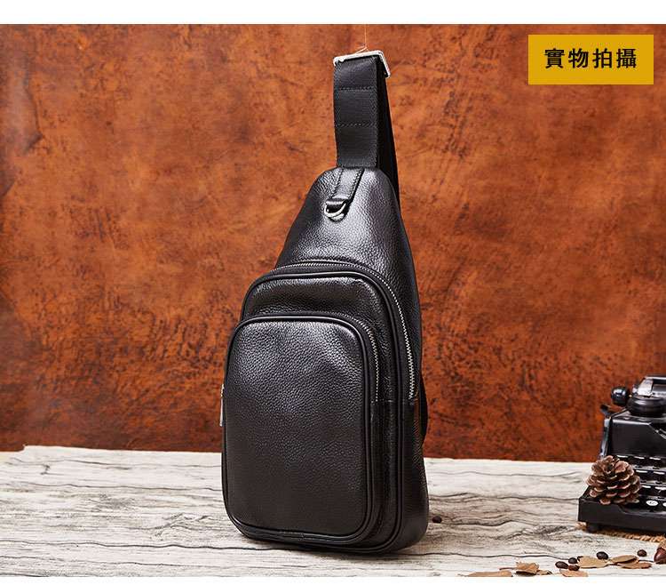 新款韓版真皮胸包 運動休閑多功能荔枝紋頭層牛皮斜挎包 牛皮男士胸包 戶外運動包包  真皮包包