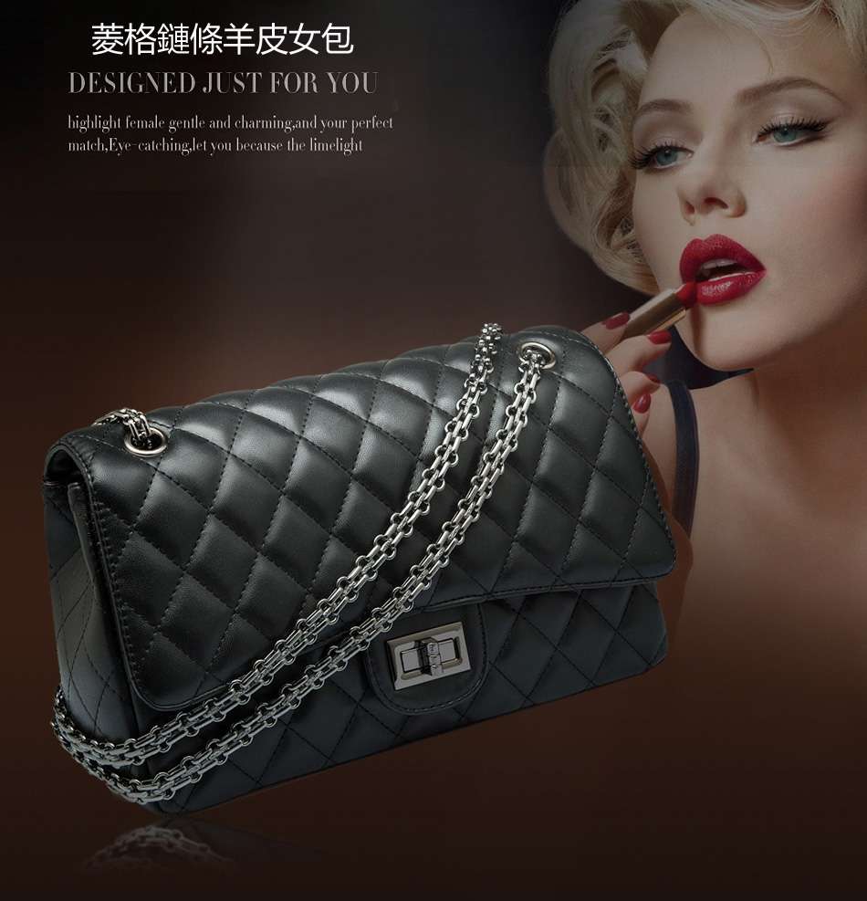 經典菱格鏈條羊皮女包 金色串皮鏈條包 钨钢鏈條包 小香風黑色羊皮女式包包 真皮斜背包 真皮女包 真皮包包