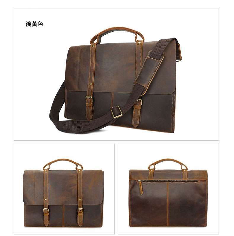 高檔品質瘋馬皮公事包 真皮男包 手工復古單肩斜挎包 頭層牛皮筆電包 橫款商務手提公文包 真皮包包