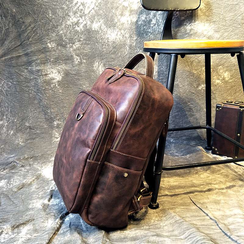 頭層牛皮後背包 復古真皮雙肩包 男式瘋馬皮大容量筆電包 商務男式電腦包 瘋牛皮旅行背包 真皮包包