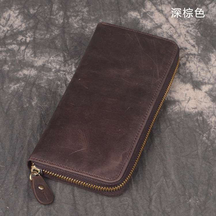 真皮錢包 瘋馬皮手拿包 頭層牛皮男士長款錢包 多卡位手工復古零錢包 長款皮夾 單拉鏈手包 真皮包包