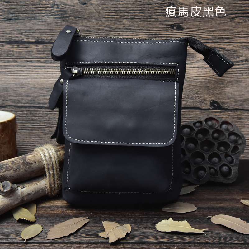 男生瘋馬皮迷你男包 頭層牛皮手機包 男士真皮手工腰包 真皮斜挎包單肩包小包包 真皮包包