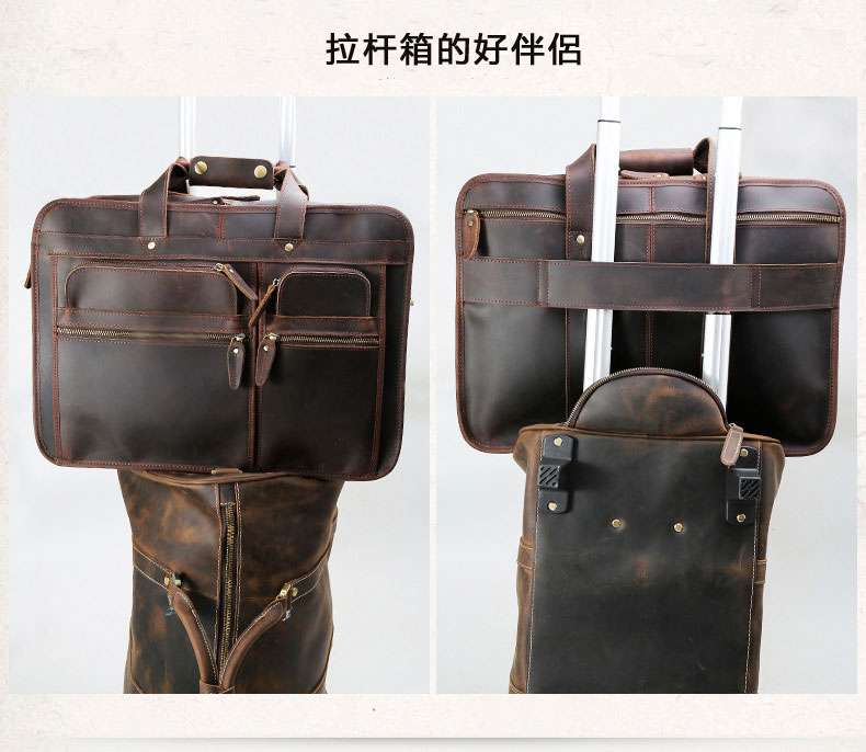 歐美商旅大包包 頭層牛皮手提包 瘋馬皮多層次17吋筆電包 商務電腦包 超大公事包真皮旅行男包 真皮包包
