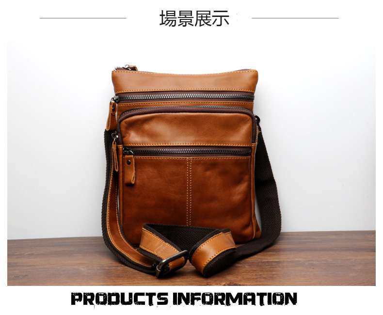 復古油蠟牛皮斜背包 真皮男士單肩斜挎包 休閑真皮肩背包 頭層牛皮斜跨包  真皮包包