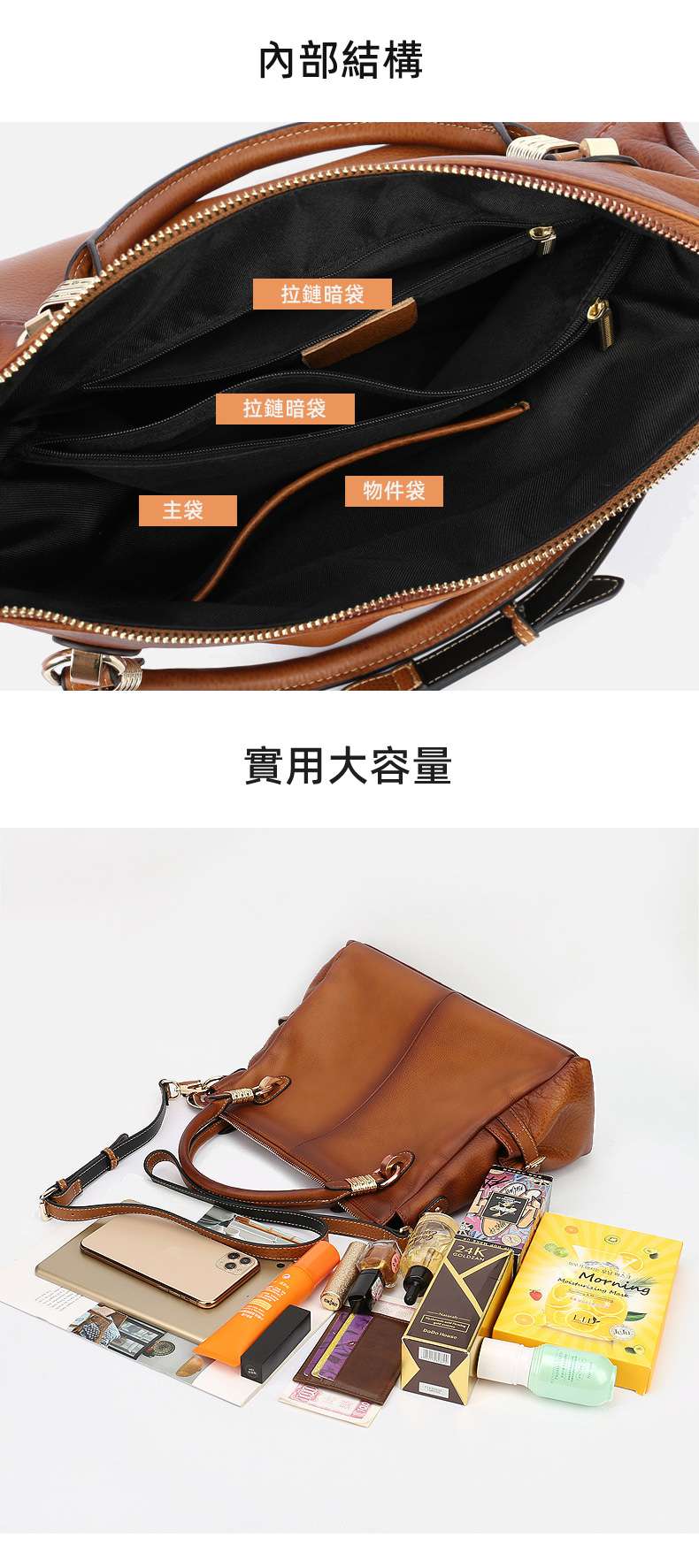 雙色漸變頭層牛皮手提包 荔枝紋托特包 大容量購物手袋 女士真皮肩背包斜背包 真皮女包 真皮包包