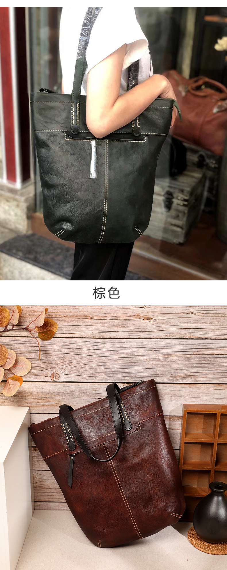 手工橫款真皮托特包 頭層牛皮女式大包包 大容量手提包 時尚百搭購物手袋