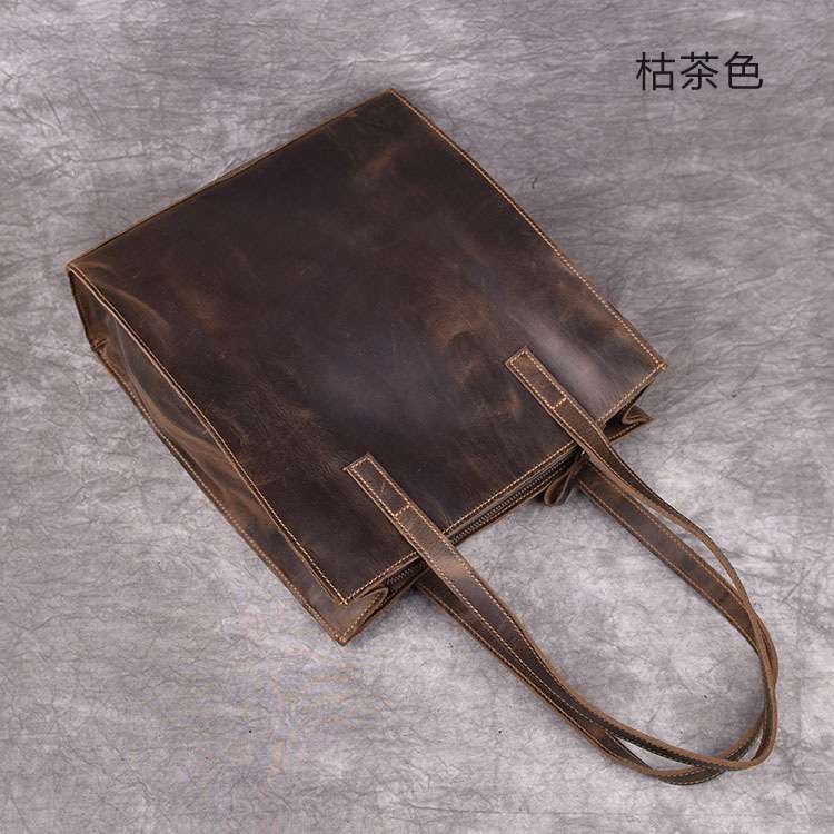 豎款瘋馬皮托特包 簡約頭層牛皮女式托特包 歐美復古真皮手提包 單肩包女包大包包