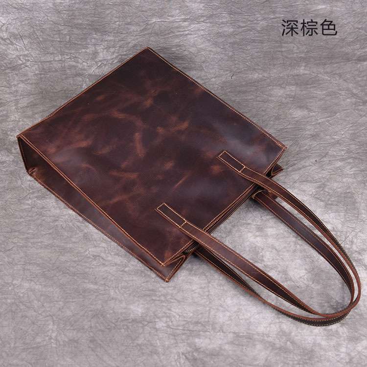 豎款瘋馬皮托特包 簡約頭層牛皮女式托特包 歐美復古真皮手提包 單肩包女包大包包