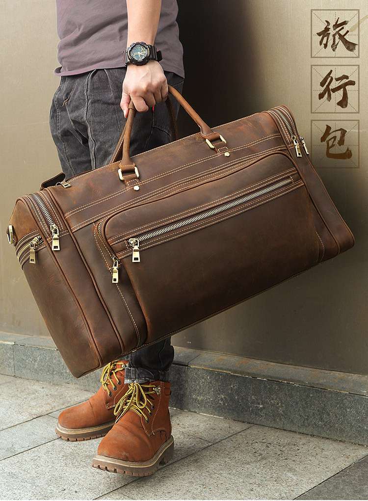 超大容量瘋馬皮旅行包 義大利頭層牛皮行李袋 真皮行李包 牛皮手提包 旅行箱包