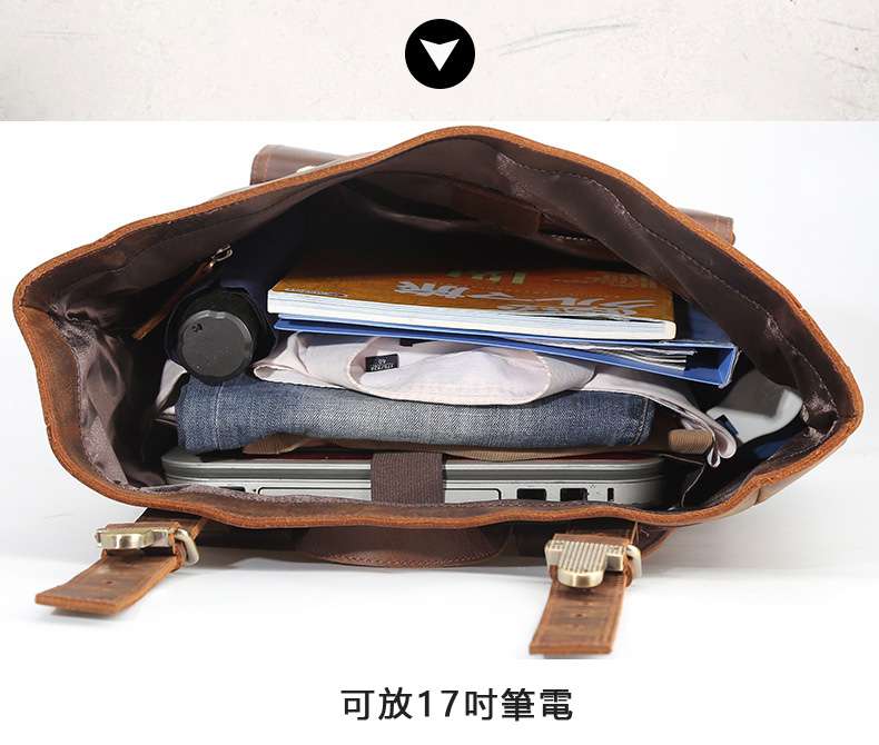 復古個性水桶型捲邊設計後背包 男士真皮雙肩包 大容量17吋電腦包 戶外瘋馬皮旅行背包 真皮包包