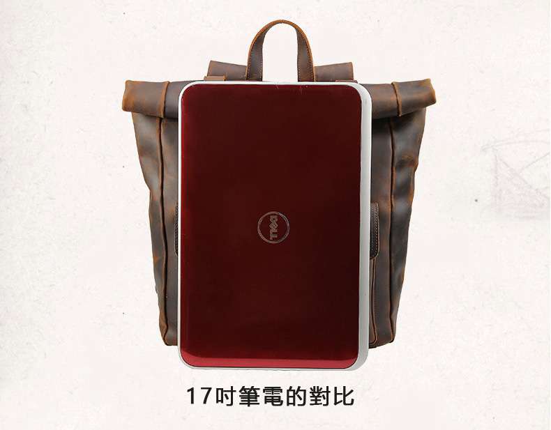復古個性水桶型捲邊設計後背包 男士真皮雙肩包 大容量17吋電腦包 戶外瘋馬皮旅行背包 真皮包包
