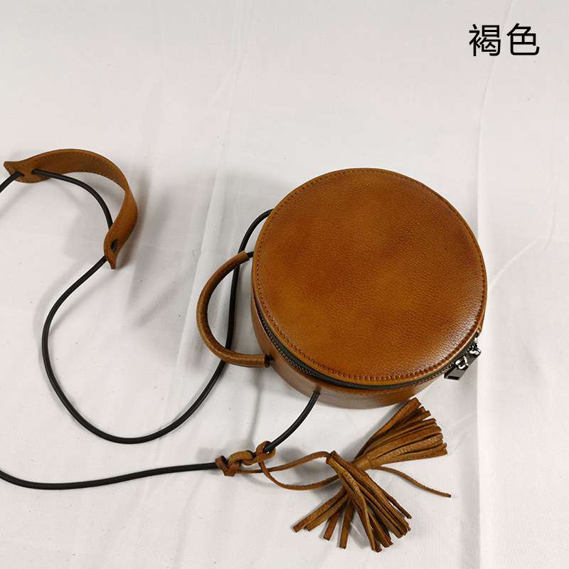 復古擦色樹膏皮小圓包 簡約鼓包包 頭層牛皮斜跨包手提包 真皮女包