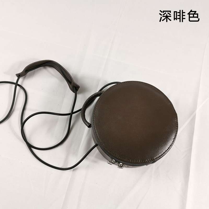 復古擦色樹膏皮小圓包 簡約鼓包包 頭層牛皮斜跨包手提包 真皮女包