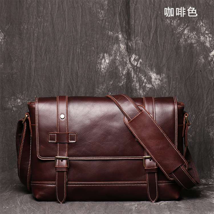 復古瘋馬皮斜跨包 頭層牛皮肩背包 真皮單肩包 男士大容量郵差包 休閑斜背包 真皮包包