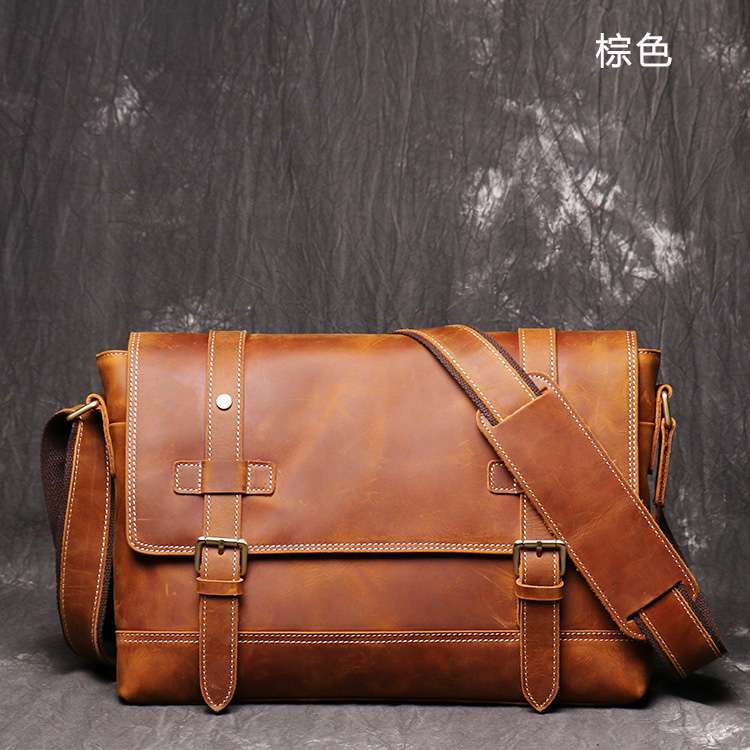 復古瘋馬皮斜跨包 頭層牛皮肩背包 真皮單肩包 男士大容量郵差包 休閑斜背包 真皮包包
