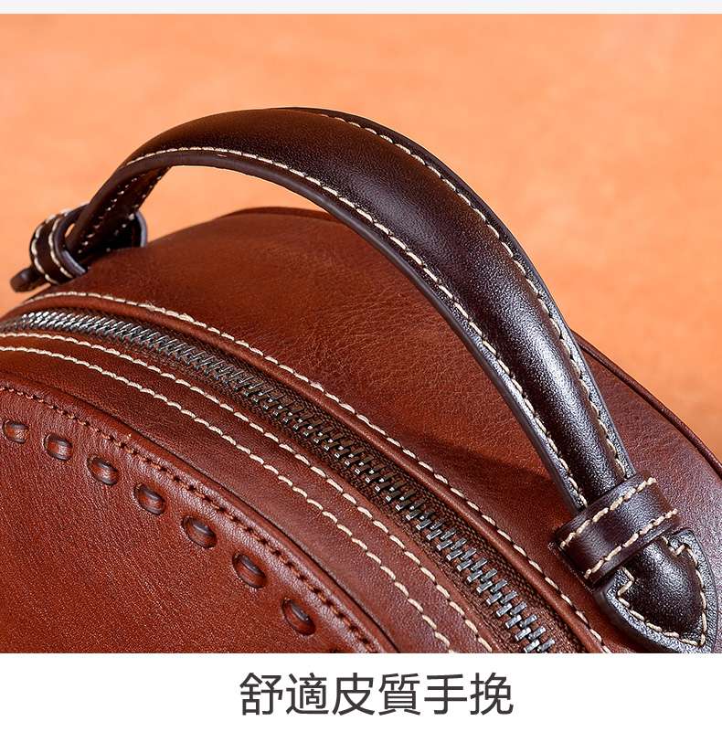 復古手工植鞣牛皮小圓包 原創歐美女式手提斜跨包 頭層牛皮斜背包 真皮女包