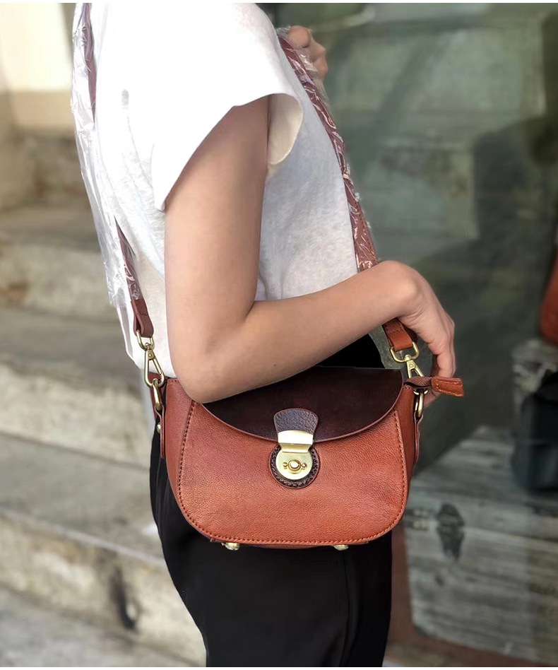 復古頭層牛皮馬鞍包 單肩斜挎包 真皮手工女包 牛皮斜跨包 女式小包包