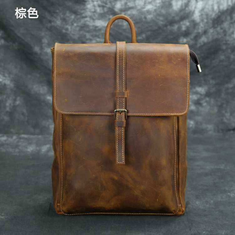 頭層牛皮雙肩包 男式筆電包 復古真皮旅行背包 瘋馬皮14寸商務電腦包 牛皮旅行包真皮包包