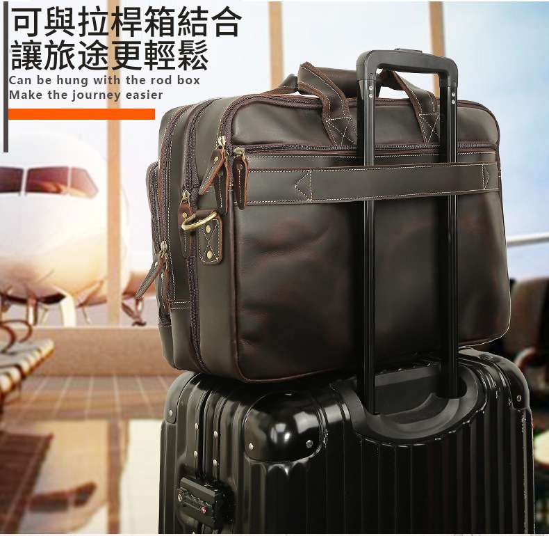 大容量瘋馬皮手提包 頭層牛皮旅行袋 商務17吋筆電包 拉桿箱包包 歐美真皮公事包