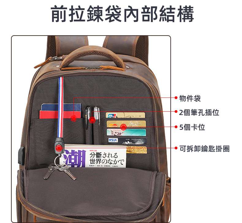 新款多功能戶外旅行包 充電USB學生背包 瘋馬皮雙肩背包 頭層牛皮大容量真皮雙肩後背包  真皮包包