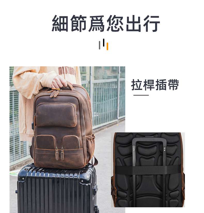 新款多功能戶外旅行包 充電USB學生背包 瘋馬皮雙肩背包 頭層牛皮大容量真皮雙肩後背包  真皮包包