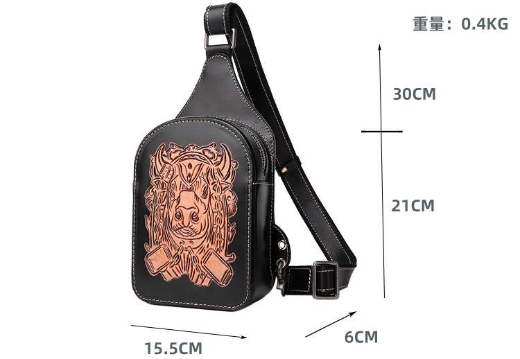 植鞣皮金牛座皮雕男士胸包 個性單肩包 真皮小包 潮流騎士頭層牛皮斜挎背包