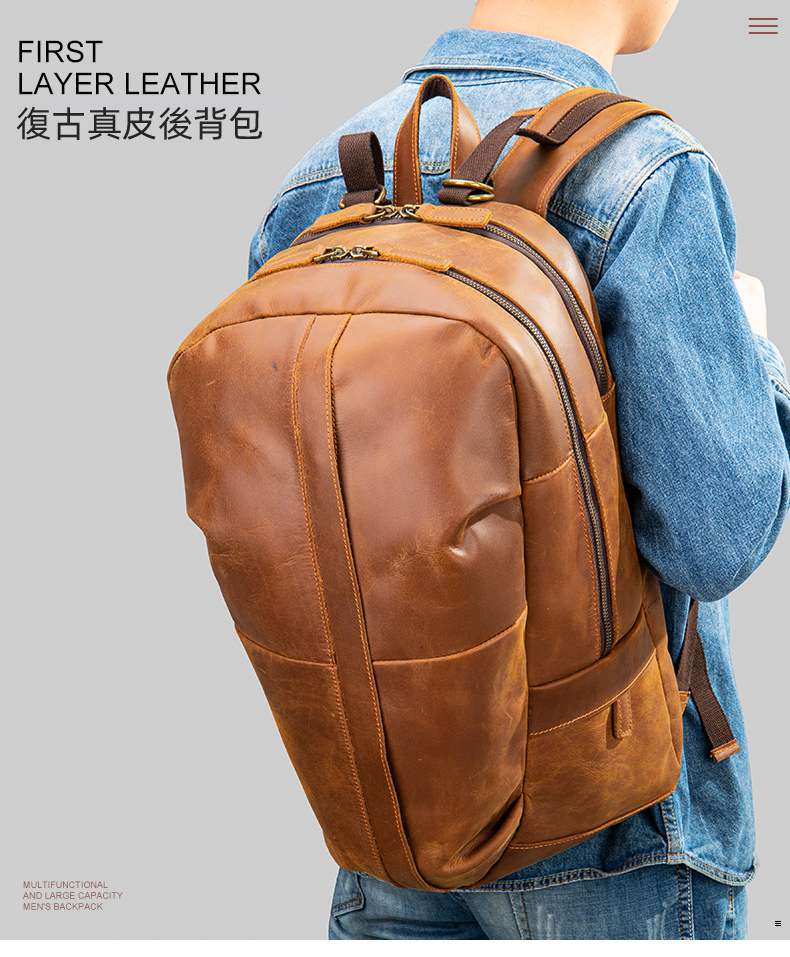新款大容量瘋馬皮雙肩包 頭層牛皮後背包 貝殼型原創手工背包 男旅行包真皮包包