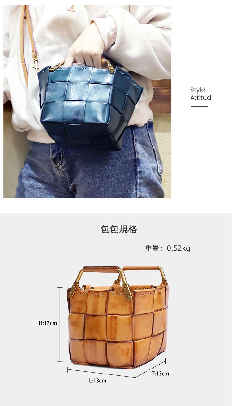 復古植鞣牛皮手工編織包 頭層牛皮斜背包 小方包 真皮女包 多功能手提斜挎包 