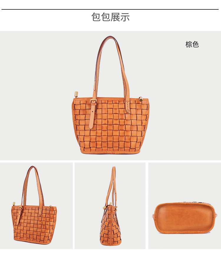 大容量植鞣皮托特包 手工編織包 復古女士手提包 時尚手提袋單肩包真皮包包 