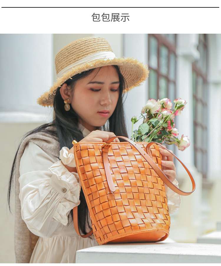 復古植鞣皮豎款手工編織包 頭層牛皮托特包 樹膏皮女包 購買手袋多功能單肩背包