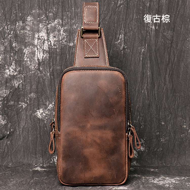 復古男士真皮貼身胸包 男女瘋馬皮斜挎包 大容量單肩包側背包 牛皮小包真皮包包 