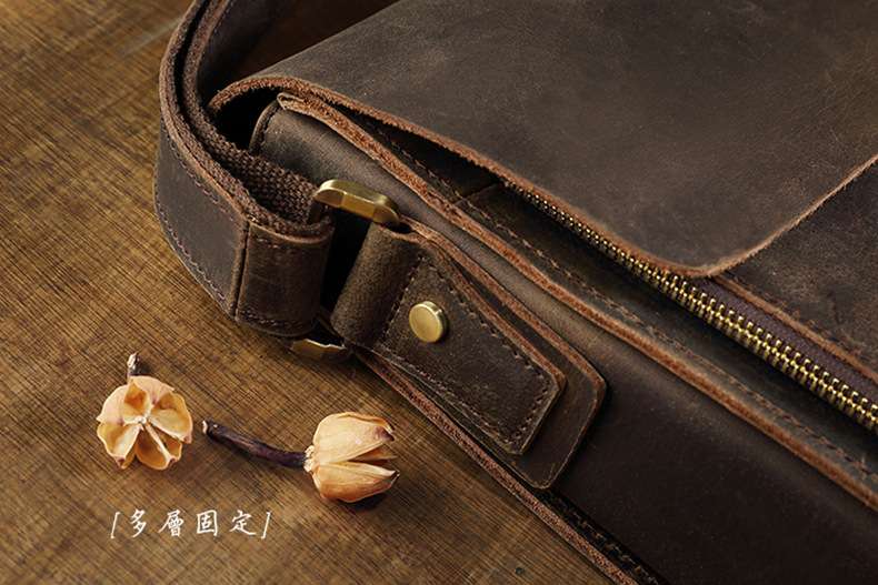 復古瘋馬皮郵差包 頭層牛皮單肩包 男式橫款方形真皮男包 斜挎包牛皮休閒男包包側背包