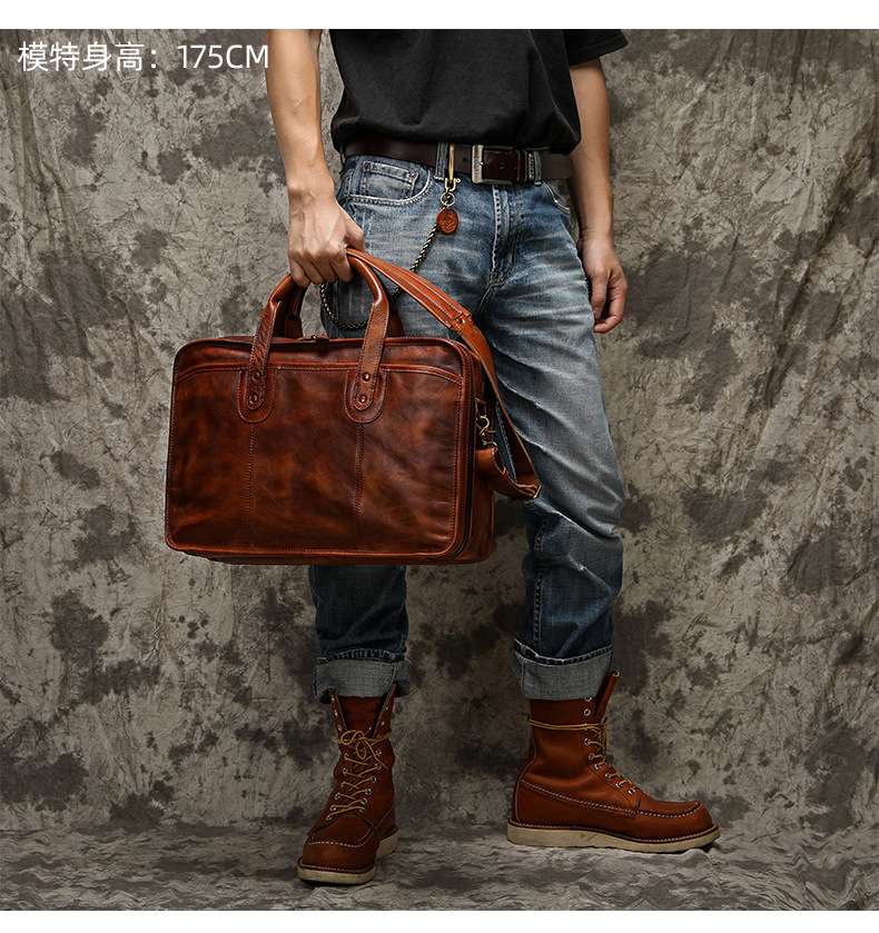 歐美復古真皮手工擦色包包 男士手提包公文包 植鞣皮商務公事包電腦包 大容量多功能旅行包手袋