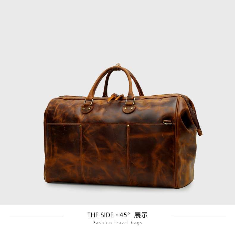 超大容量行李手袋 瘋馬皮旅行包 油光皮手提包 頭層牛皮差旅行李箱 真皮旅行包手袋