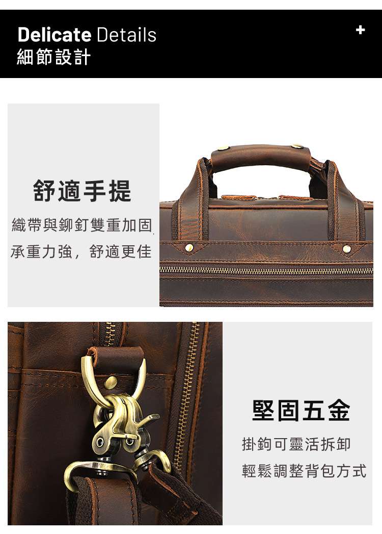 新款復古真皮男士手提包 瘋馬皮單肩斜挎包 頭層牛皮公文包 17吋電腦包文件袋行李包 真皮包包