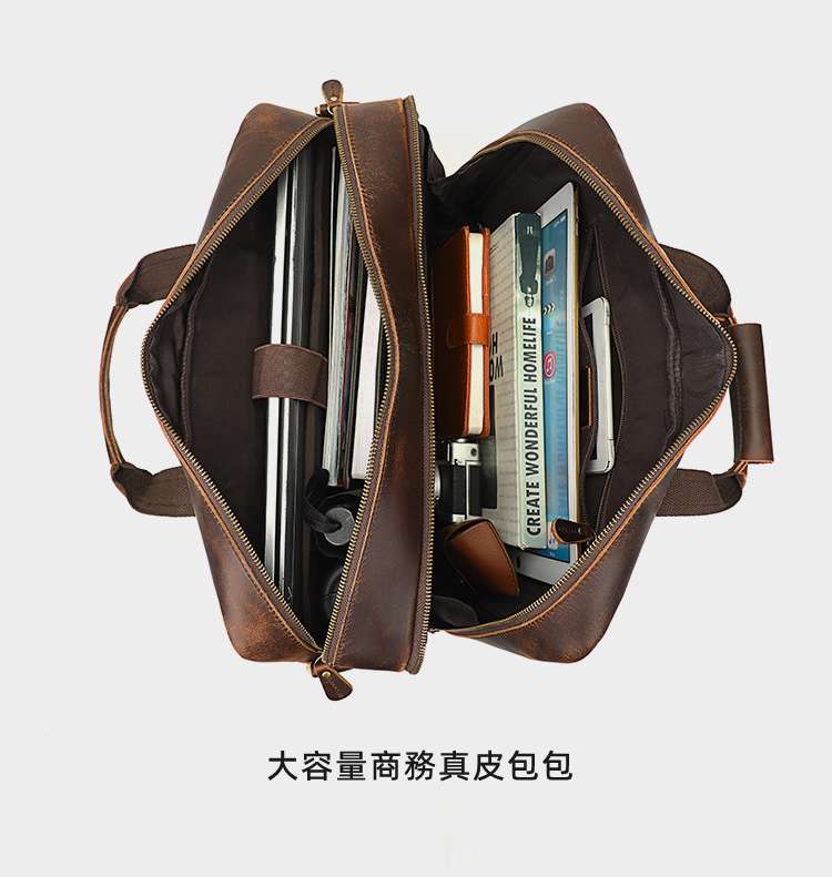 新款復古真皮男士手提包 瘋馬皮單肩斜挎包 頭層牛皮公文包 17吋電腦包文件袋行李包 真皮包包