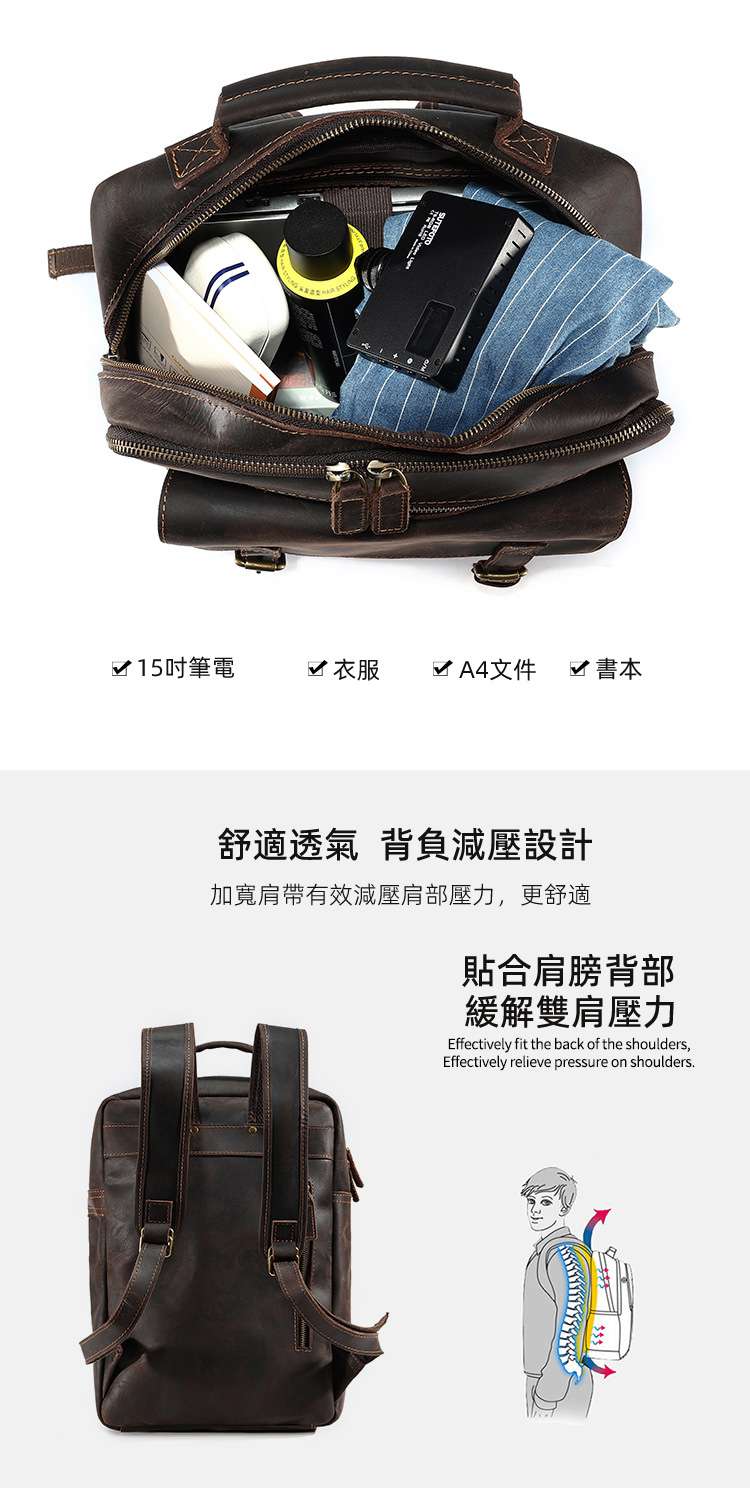 歐美頭層牛皮雙肩包 時尚雙肩後背包 商務電腦包 瘋馬皮復古旅行包 真皮男包 真皮包包