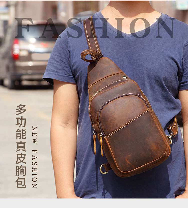 新品瘋馬皮胸包 歐美真皮男士單肩斜挎包 復古頭層牛皮休閒背包 運動胸包 真皮包包