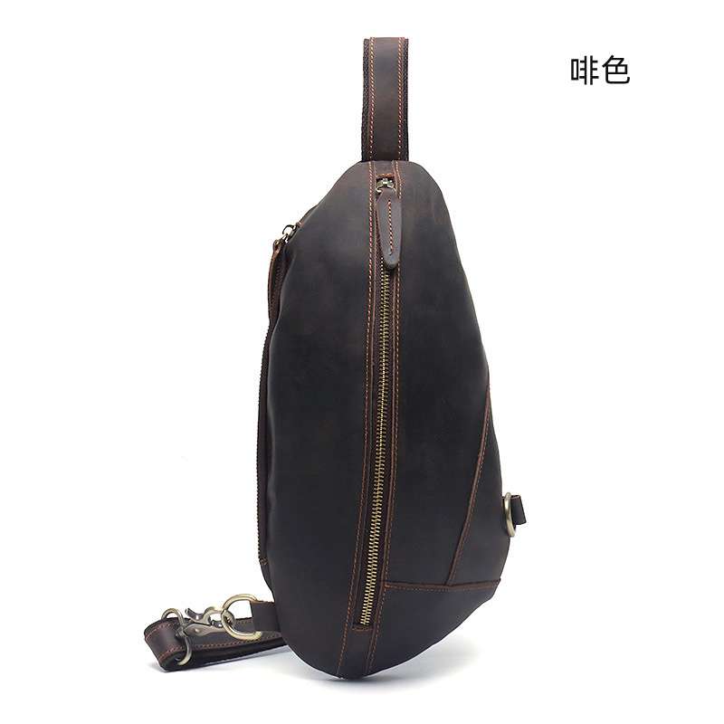 新款復古瘋馬皮胸包 男士真皮單肩斜挎包 頭層牛皮戶外運動背包 真皮包包