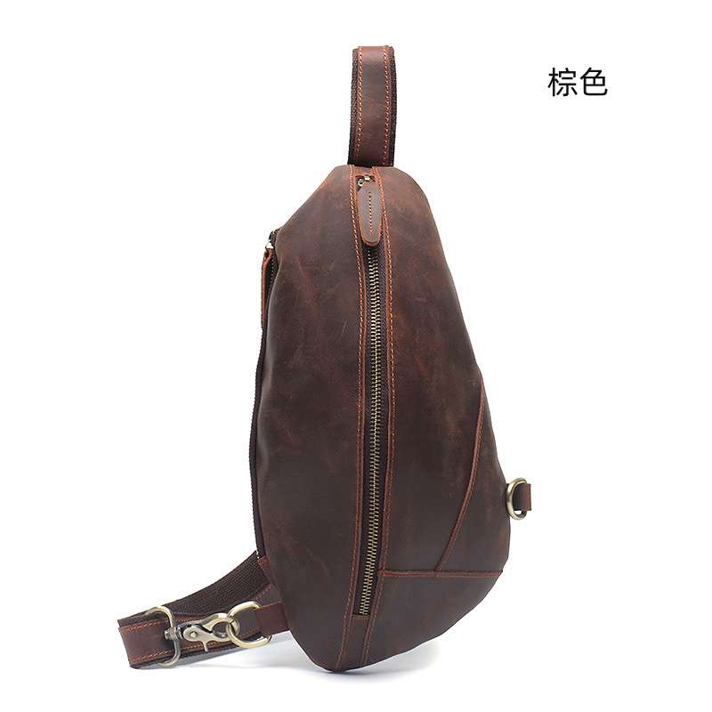 新款復古瘋馬皮胸包 男士真皮單肩斜挎包 頭層牛皮戶外運動背包 真皮包包