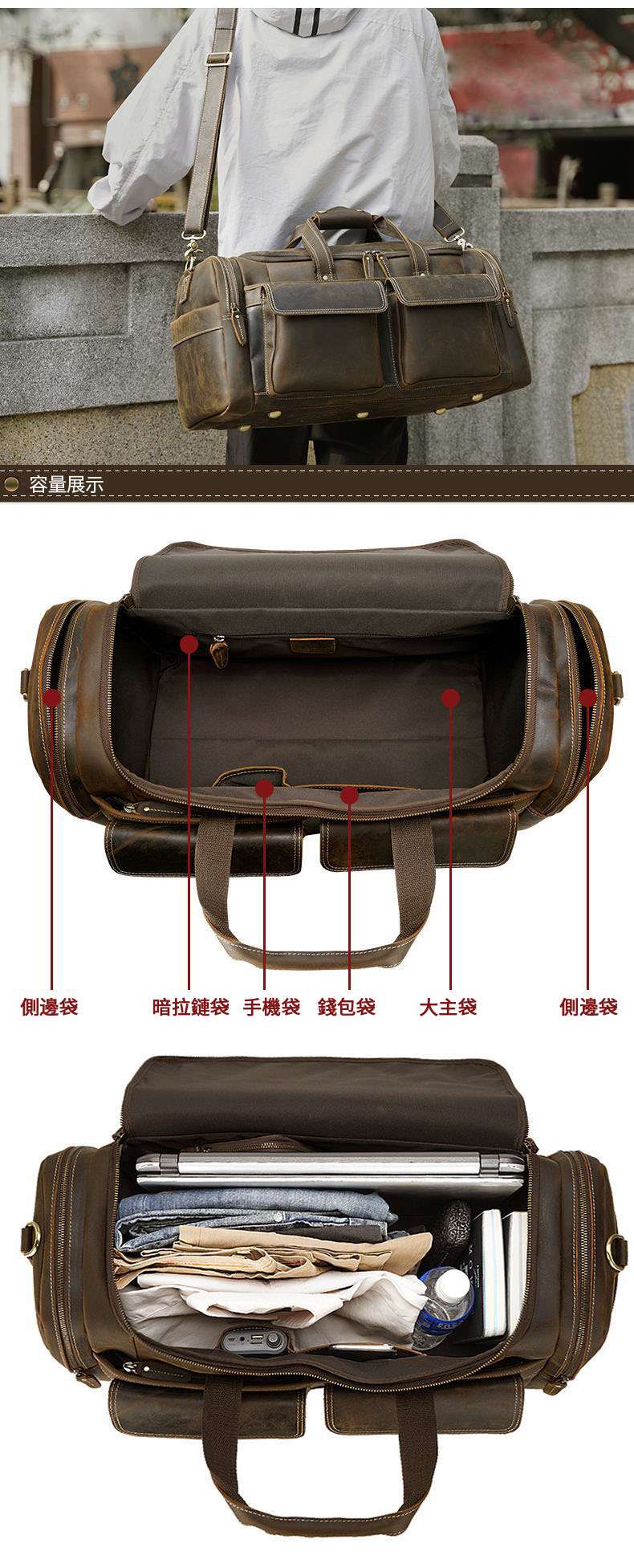  新款歐美復古瘋馬皮旅行包 大容量多功能行李手袋 真皮手提包 商務頭層牛皮斜挎包 真皮包包
