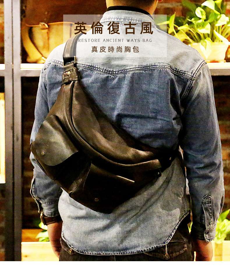 男士胸包 復古頭層牛皮斜挎包 瘋馬皮斜背包 油光皮男式真皮休閒背包 真皮腰包 頭層牛皮包包