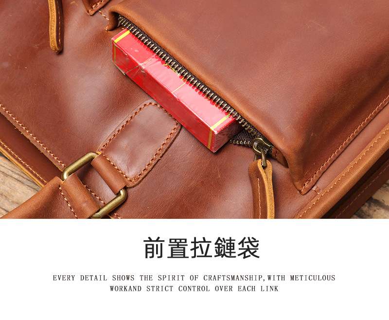 復古時尚款男士手提包 真皮商務電腦包公事包 瘋馬皮手工單肩斜跨包 大容量公文包 真皮包包