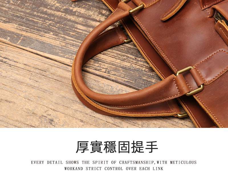 復古時尚款男士手提包 真皮商務電腦包公事包 瘋馬皮手工單肩斜跨包 大容量公文包 真皮包包