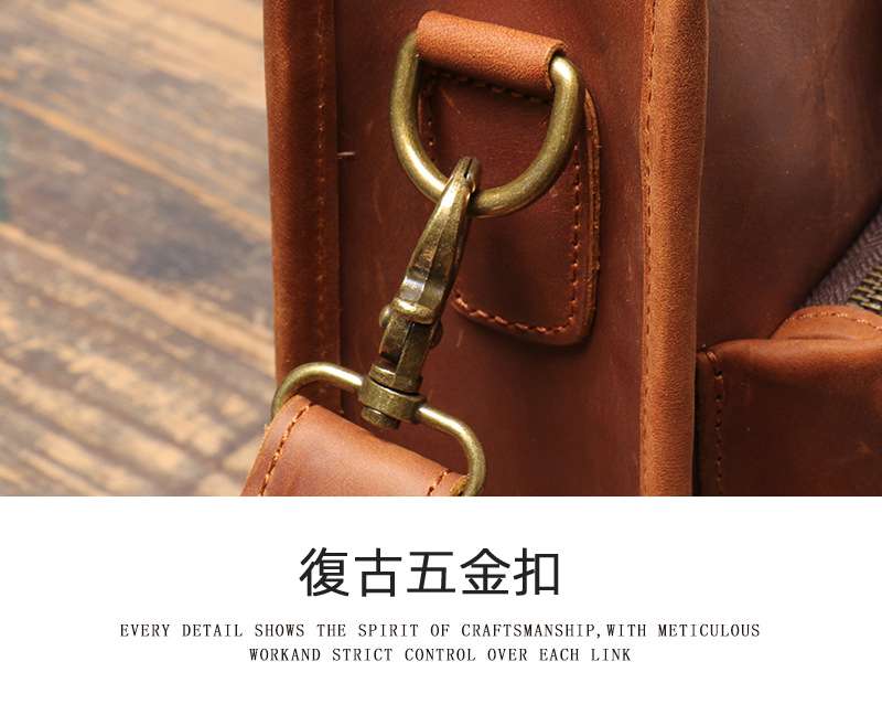 復古時尚款男士手提包 真皮商務電腦包公事包 瘋馬皮手工單肩斜跨包 大容量公文包 真皮包包